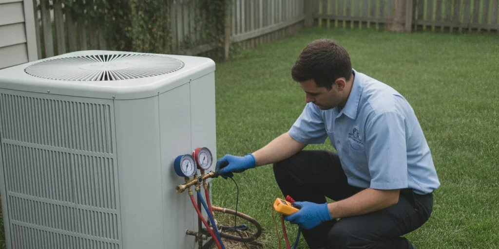 HVAC technician diagnosing an air conditioning unit in Austin
